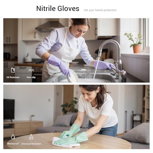 ThxToms 4 Pairs Nitrile Cleaning Gloves, Latex free Reusable Dishwashing Gloves for Women, Kitchen and Bathroom Cleaning, Non-Slip &Flexible, 10 Mil, Colorful, M - size: Medium