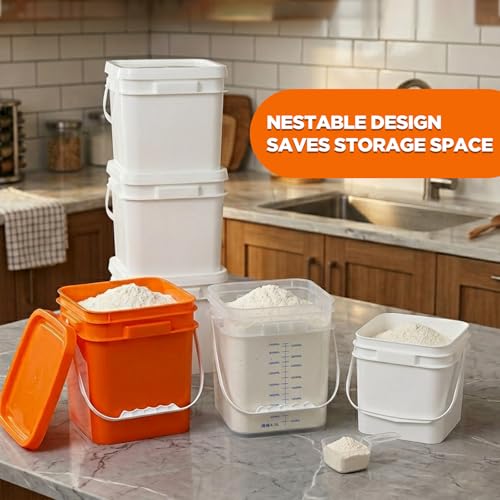 DEMORA 1Gallon Food Grade Square Plastic Bucket with Lid, Clear Airtight Storage Container, Reusable Pail for Kitchen Food Water Ice Cream Household Use 4Pcs (2 White+2 Transparent) - color: White+transparent