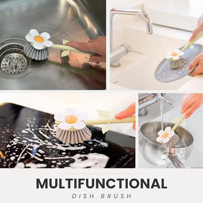 Vigar Florganic Dish Brush with Handle & Built-in Stand - Daisy-Shaped Kitchen Scrub Brush for Dishes and Sink Cleaning, Non-Stick Safe Soft Nylon Bristles, Pot Scrubber, Dishwasher Safe – Multicolor