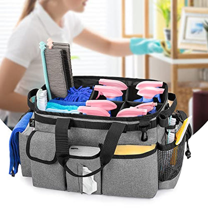 LoDrid Large Wearable Cleaning Caddy Bag with Detachable Divider, Cleaning Organizer with Handles, Cleaning Supply Tote with Adjustable Shoulder Strap for Cleaners & Housekeepers, Grey - color: Gray
