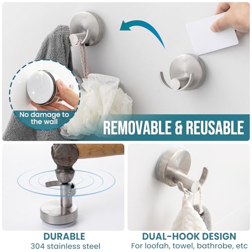 TAILI 304 Stainless Steel Bathroom Suction Hooks for Towel, Bathrobe, Loofah, Patented Strong Suction Cup Holder, No Damage Hanging Glass Shower Wall Hook, Double-Hook Sleek Design, 2 Pack, Silver - color: Sleek Double-Hook, Silver