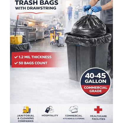 (50 Count) 44 Gallon Trash Bags with Drawstring, Heavy Duty Fits 40-45 Gallon Bins, 1.2 Mil Industrial Strength for Janitorial, Hotels & Commercial Kitchen Waste-Multipurpose use-By Interplas.
