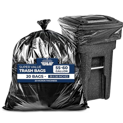 55 Gallon Large Trash Bags [39” X 56” – 20 Micron] 20 Black Contractor Garbage Bags | Heavy Duty Lawn Leaf Yard Waste Bags | 55-60 Gallon Extra Large Construction Industrial Plastic Trash Can Liners - size: 1 Count (Pack of 20)