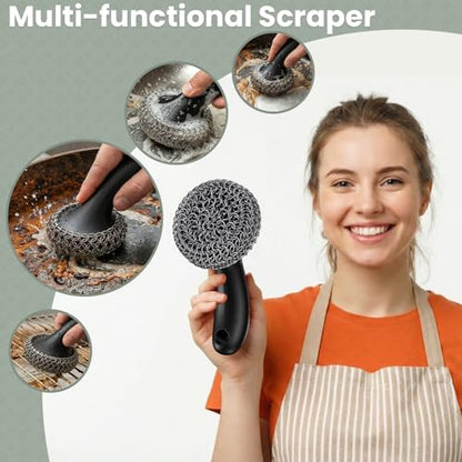 Cast Iron Scrubber with Long Handle | 316 Cast Iron Cleaner Chainmail Scrubber for Cast Iron Pan Skillet Cleaner - Dish Scouring Pad Dishwasher Safe Cleaning Kit (Black, 1 Scrubber + 1 Scraper) - color: Black, 1 Scrubber + 1 Scraper