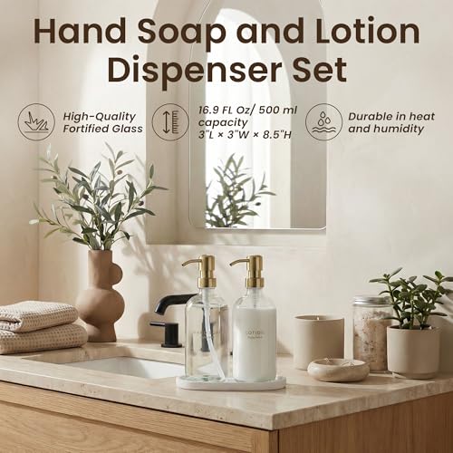 MaisoNovo Bathroom Soap Dispenser Set- Soap and Lotion Dispenser Set with Clear Soap Dispenser, Gold Pumps & Concrete Tray - color: Clear Bottles/ Golden Pumps/ White Concrete Tray