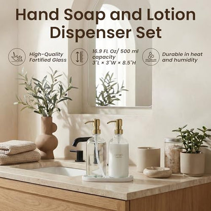 MaisoNovo Bathroom Soap Dispenser Set- Soap and Lotion Dispenser Set with Clear Soap Dispenser, Gold Pumps & Concrete Tray - color: Clear Bottles/ Golden Pumps/ White Concrete Tray