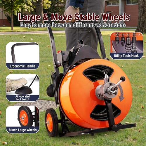 100FT x 1/2 Inch Drain Cleaner Machine, Auto Feed Electric Drain Auger for 2"-4" Pipes, Enclosed Metal Drum with 4 Cutters & Pneumatic Foot Switch, Sewer Snake Auger - style: 100FT x 1/2inch