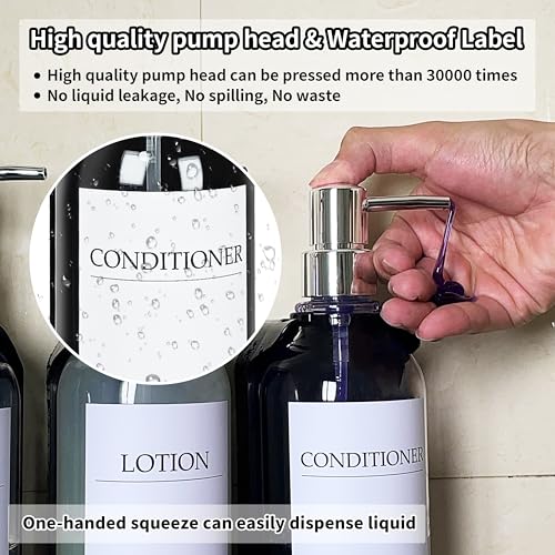 Shampoo and Conditioner Dispenser, Shower Soap Dispenser with 16 Waterproof Labels, Shampoo Dispenser for Shower Wall, Shower Dispenser 3 Chamber No Drill, 17oz, Clear - color: Clear Bottle + Silver Pump