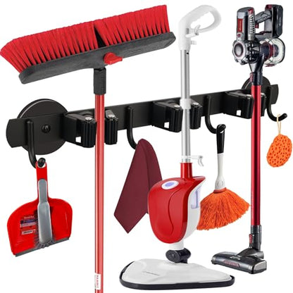 ULIBERMAGNET Magnetic Mop Broom Holder,Heavy Duty Movable Magnetic Broom Holder Rack,Anti-slip Wall Mounted Utility Storage Mop Shovel Hanger for Garage, Kitchen, Laundry, Garden(3 Racks / 4 Hooks) - style: 1 SET 3 Slot / 4 Hooks Magnetic Mop Rack
