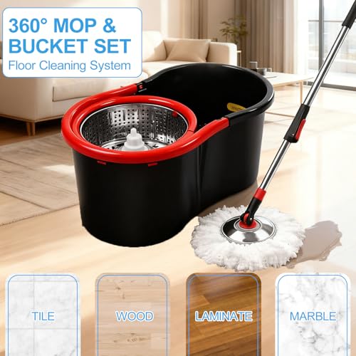Spin Mop and Bucket with Wringer Set, 360°Rotating Head Mop Bucket System, 3 Replacement Mop Heads for Floor Cleaning (Black & Red) (Three mop Heads)