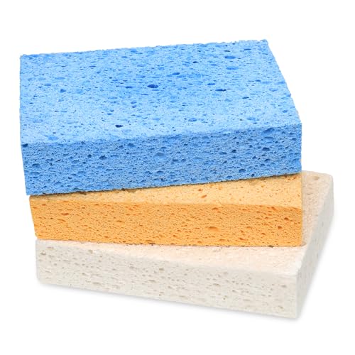 Extra Large Dish Sponges Kitchen for Cleaning, Natural Cellulose Sponges Reusable and Biodegradable, Non Scratch Sponge for Dishes Household Use (3-Pack) - color: Yellow / White / Blue