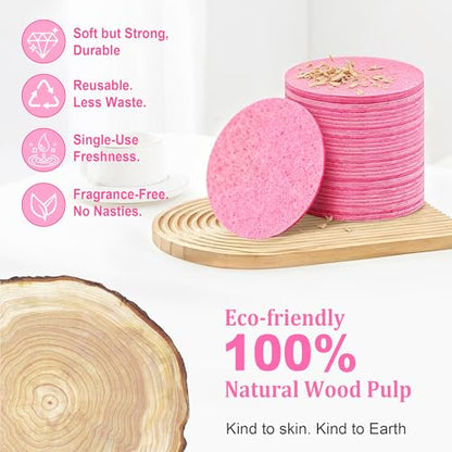 3.15in Large Compressed Facial Sponges 60 Pcs, 100% Natural Cellulose Face Sponges for Cleansing, Gentle Exfoliating, Makeup & Mask Removal, Spa Skincare, Travel Essentials for Women (Pink, Reusable) - color: Pink