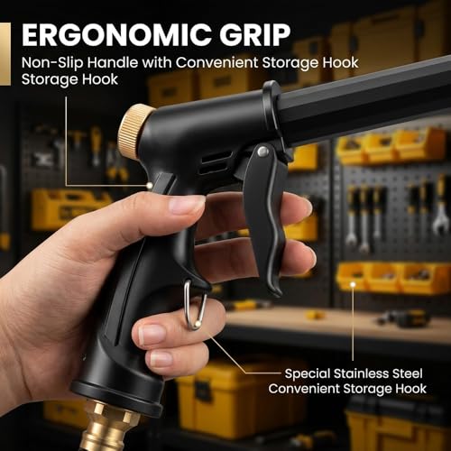 High Pressure Hose Nozzle, Adjustable Water Spray Gun with 4 Spray Modes, Metal Garden Hose Sprayer for Car Wash, Plants Watering, Patio & Outdoor Cleaning (1, Washer Gun + 3 Connectors + Foam Cannon)