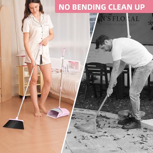 Pink Broom and Dustpan Set for Home, 52-in Long Handle Broom with Dustpan Combo with Dustpan Teeth Easy to Scrape Off Pet Hair, Indoor&Outdoor Sweeping（Pink） - color: Pink&grey