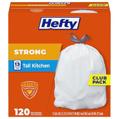 Hefty Strong White 13 Gallon Trash Bags with Drawstrings, Unscented Tall Kitchen Trash Bags, Resists Leaks, Punctures, and Tears, Durable Closure, 120 Ct. - size: 120 Count (Pack of 1)