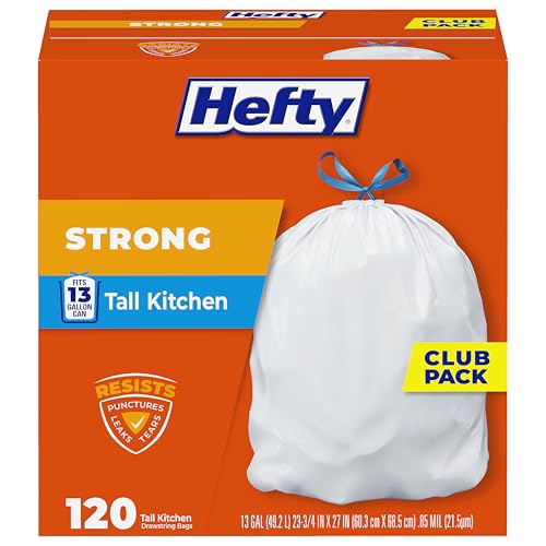 Hefty Strong White 13 Gallon Trash Bags with Drawstrings, Unscented Tall Kitchen Trash Bags, Resists Leaks, Punctures, and Tears, Durable Closure, 120 Ct. - size: 120 Count (Pack of 1)