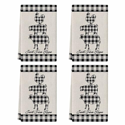 Farm Buffalo Plaid Kitchen Towel Set of 4, Absorbent Microfiber Hand Towels for Kitchen Bathroom Bar Decorative Pig Cow Chicken Ultra Soft Resuable Cleaning Cloths Washable Fast Drying - size: 4PCS-18" x 28"