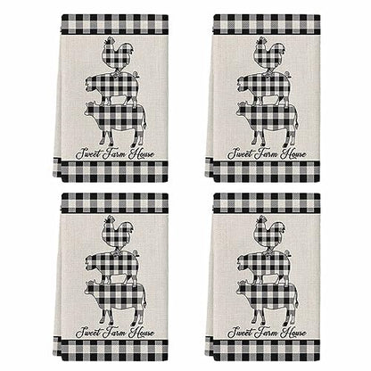 Farm Buffalo Plaid Kitchen Towel Set of 4, Absorbent Microfiber Hand Towels for Kitchen Bathroom Bar Decorative Pig Cow Chicken Ultra Soft Resuable Cleaning Cloths Washable Fast Drying - size: 4PCS-18" x 28"