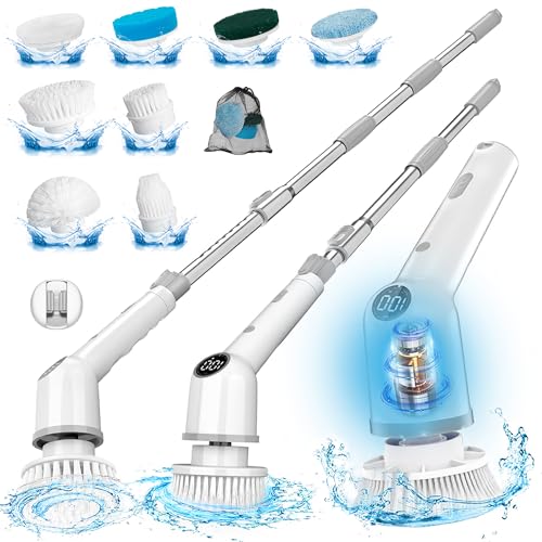 Electric Spin Scrubber: Cordless Shower Scrubber with 8 Replaceable Brush Heads- 3 Adjustable Speeds- Adjustable Extension Handles- Power Cleaning Brush for Bathroom- Floor- Tile - color: Gray