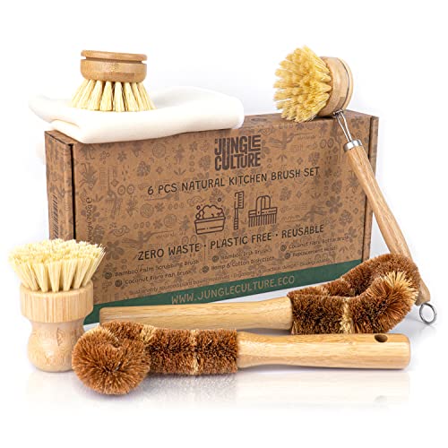 Jungle Culture® 6 Pack Bamboo Dish Brush Set for Washing Up • Natural Wooden Dish Brushes for Pans & Dishes • Eco Friendly Dish Scrubber for Bottles, Pots & Vegetables • Non Toxic & Plastic Free