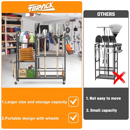 TORACK Garden Tool Organizer with Wheels, Rakes Shovels Yard Tools Stand for Garage, Shed, Garden, Indoor/Outdoor Long-Handled Tools Cart - style: Tool Stand with Extra Shelves