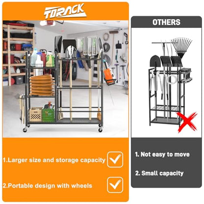 TORACK Garden Tool Organizer with Wheels, Rakes Shovels Yard Tools Stand for Garage, Shed, Garden, Indoor/Outdoor Long-Handled Tools Cart - style: Tool Stand with Extra Shelves