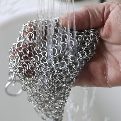 8"x6" Cast Iron Scrubber Stainless Steel Chainmail Cleaner for Pre-Seasoned Pans, Griddles, BBQ Grill and Pot Cookware Cleaning