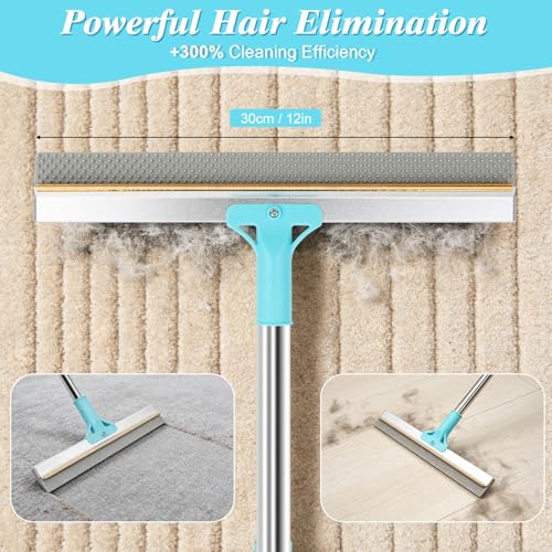 4 in 1 Carpet Rake for Pet Hair Removal - Reusable Pet Hair Removal Glove for Dog Cat Fur Remover, Contain 23-54" Rubber Broom, Silicone Comb Gloves, Magic Brush and Small Scraper for Sofa, Rugs, Mats