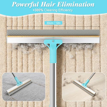 4 in 1 Carpet Rake for Pet Hair Removal - Reusable Pet Hair Removal Glove for Dog Cat Fur Remover, Contain 23-54" Rubber Broom, Silicone Comb Gloves, Magic Brush and Small Scraper for Sofa, Rugs, Mats