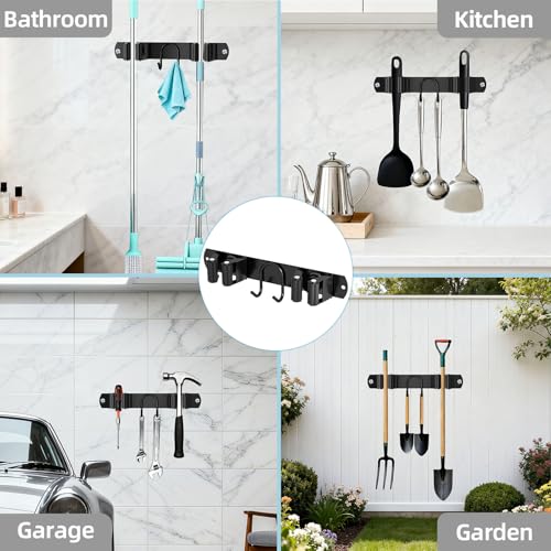 Broom Holder Wall Mount, Stainless Steel Mop and Broom Organizer, Broom Hanger with 2 Slots 2 Hooks for Home Kitchen, Garage, Garden and Laundry Room, Black - color: Black-1 Pack