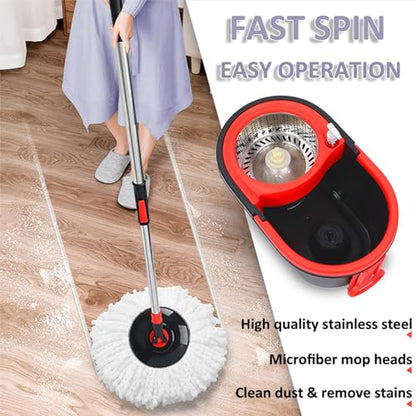 Mop and Bucket Set, Spin Mop and Bucket with Wringer, Mops for Floor Cleaning System, Stainless Steel 360 Floor Mop Bucket on Wheels, 3 Microfiber Mop Replacement Heads - color: Black-2