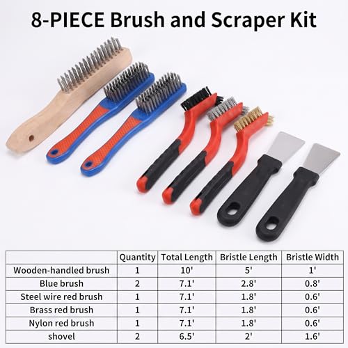 8Pcs Wire Brush Set for Cleaning Rust - Heavy Duty Scratch Brushes with Stainless Steel, Brass, Nylon Bristles and 2 Metal Scrapers, Professional Cleaning Tools for Metal, Slag, Paint and Grill - size: 8Pcs-Wire