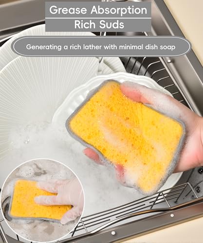 METUUTER 12 Packs Kitchen Sponges Stitching with Stainless Steel Fibers - 5.5x4 in Soft Cleaning Sponge for Non-Stick Pans, Dishes & Tough Grease Odor-Resistant, Durable Dish Sponges - color: Yellow