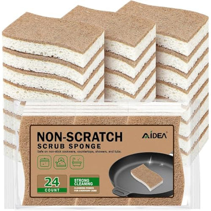 AIDEA Sponges Non Scratch, 24Count, Natural Sponge for Non Stick Cookware, Sponges Kitchen, Cellulose Scrub Sponge for Dishes, Cleaning Power for Kitchen, Bathroom, Household - color: Brown