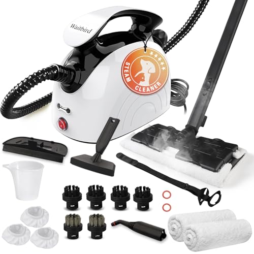 Waitbird Steam Cleaner for Home, 4.5 Bar High Pressure 248°F Fast Heat Handheld Steamer for Cleaning, 21-Piece Accessory Kit, Chemical Free Multi-Purpose Cleaner for Floors, Grease, Tile, Grout - color: white