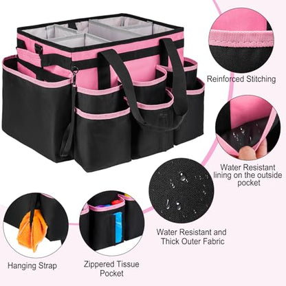 Large Rolling Cleaning Caddy Bag with Detachable Trolley,Cleaning Cart on Wheels with Shoulder Strap,Cleaning Supplies Organizer for Housekeepers,PInk - color: Pink