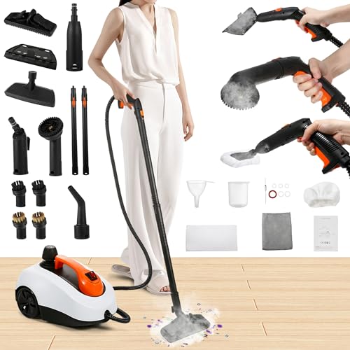 WICHEMI Steam Cleaner with Extension Pole, 61 oz, Steam Cleaner for Home, Adjustable Steam Pressure, 26 Accessories, Handheld Steam Cleaner for Walls, Gaps, Hard Floors, and Tiles - color: White - 1800ML Water Tank