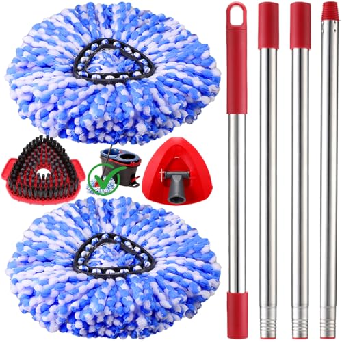 RinseClean Spin Mop Replacement Head for O Cedar RinseClean 2 Tank System, 2 Microfiber Mop Refills, 1 Base and 1 30-58in Handle, Scrubber Brush for Ocedar, Mop Refills Deep Cleaning Machine Washable