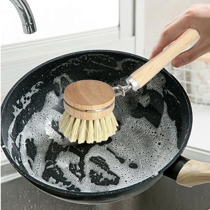 Wooden Dish Brush Set, 4 Natural Bristle Replacement Heads with 1 Sturdy Wooden Handle, Sisal Kitchen Scrub Brush for Pots, Pans, Vegetables and Cookware - size: Medium Hard
