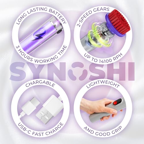 Synoshi PRO Electric Spin Scrubber with Long Handle – Cordless Shower Scrubber, Bathroom Cleaning Brush, Electric Scrubber for Cleaning Shower, Tub & Floor, Adjustable Angles, 2 Speeds Power Scrubber