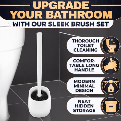 Toilet Brush and Holder Set - Silicone Toilet Bowl Brush with White Holder Base, Compact Bath Accessory for Small Spaces - Easy to Place and Simple to Store After Use, Plastic Bathroom Cleaning Tool - color: White