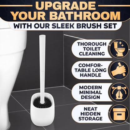 Toilet Brush and Holder Set - Silicone Toilet Bowl Brush with White Holder Base, Compact Bath Accessory for Small Spaces - Easy to Place and Simple to Store After Use, Plastic Bathroom Cleaning Tool - color: White