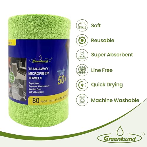 Greenfound Microfiber Cleaning Cloth Roll, 80 Pack Tear Away Towels, Reusable Washable Lint Free Scratch Free Absorbent Cleaning Rags for Kitchen Home Car Window Glass, 11.5 x 11.5 Inch Wave Green - color: Wave Green