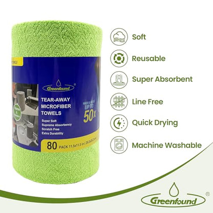 Greenfound Microfiber Cleaning Cloth Roll, 80 Pack Tear Away Towels, Reusable Washable Lint Free Scratch Free Absorbent Cleaning Rags for Kitchen Home Car Window Glass, 11.5 x 11.5 Inch Wave Green - color: Wave Green