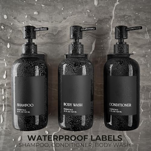 Stylish Shampoo and Conditioner Dispenser Set of 3 for Wall Mount - Modern Drill Free 21oz Shower Soap Bottles with Labels - Easy Refill Body Wash Dispensers for an Instant Bathroom Decor Upgrade