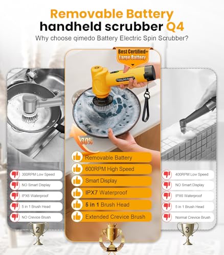 Battery Electric Spin Scrubber Q4, Handheld Scrubber for Cleaning with Display, Power Dish Scrubber with 5 Heads, Shower Cordless Cleaning Brush for Bathroom/Sink/Window - size: Battery Scrubber with 4.9-inch handle