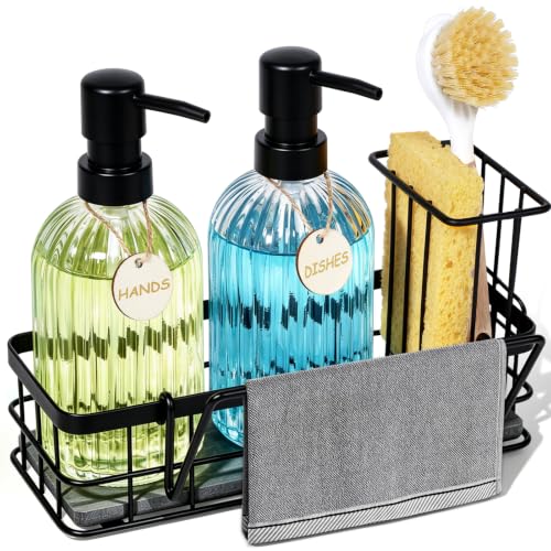 Hand and Dish Soap Dispenser Set, 14.4 oz/425 ml Dish Soap Dispenser, Dish Soap Dispenser with Sponge Holder & Diatomite Tray, for Countertop Organizer - color: Clear
