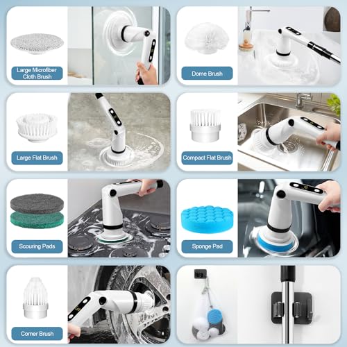 IEZFIX Electric Spin Scrubber, Bathroom Power Shower Scrubber Cleaning Brush for Tub/Tile/Floor/Toilet/Kitchen, 8 Cleaner Scrub Brush Heads, 3 Speeds 450RPM Max, Telescopic Rod Black