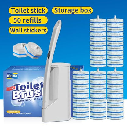 Disposable Toilet Brush Cleaning System with 50pcs Refills Pads Replacement Heads, Toilet Cleaning Stick, Wall Mounted Toliet Wand Kit Bathroom Maintenance, Toilet Bowl Cleaner Wands Holder and Set - style: Toilet brush + 50 refills