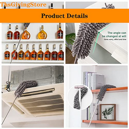 4PCS Ceiling Fan Duster with Extension Pole 16-98'', Microfiber Dust Brush + Gap Mop + Chenille Duster + Retractable Pole, Bendable Washable Feather Dusters for Cleaning Ceilings, Wall and Car